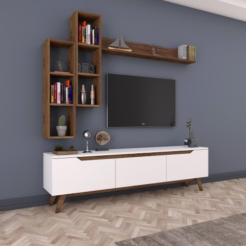 Mueble de salón para TV con estantes y compartimentos abiertos blanco y natural Sirio Promoción