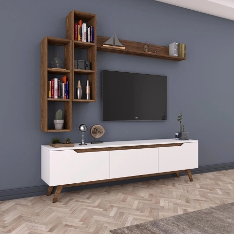 Pared de TV equipada con estantes y compartimentos en blanco y natural Sirio Promoción