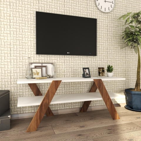 Mueble de TV moderno 120 cm blanco y madera con 2 estantes Basic Promoción