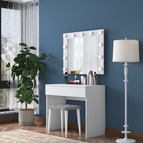 Tocador móvil con cajón, espejo LED y taburete Tabs Promoción