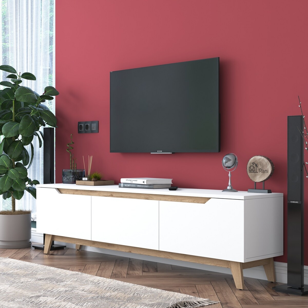 Mueble moderno para TV 180cm blanco y madera con 3 puertas Amelia Promoción Mueble moderno para TV 180cm blanco y madera con 3 puertas Amelia Promoción