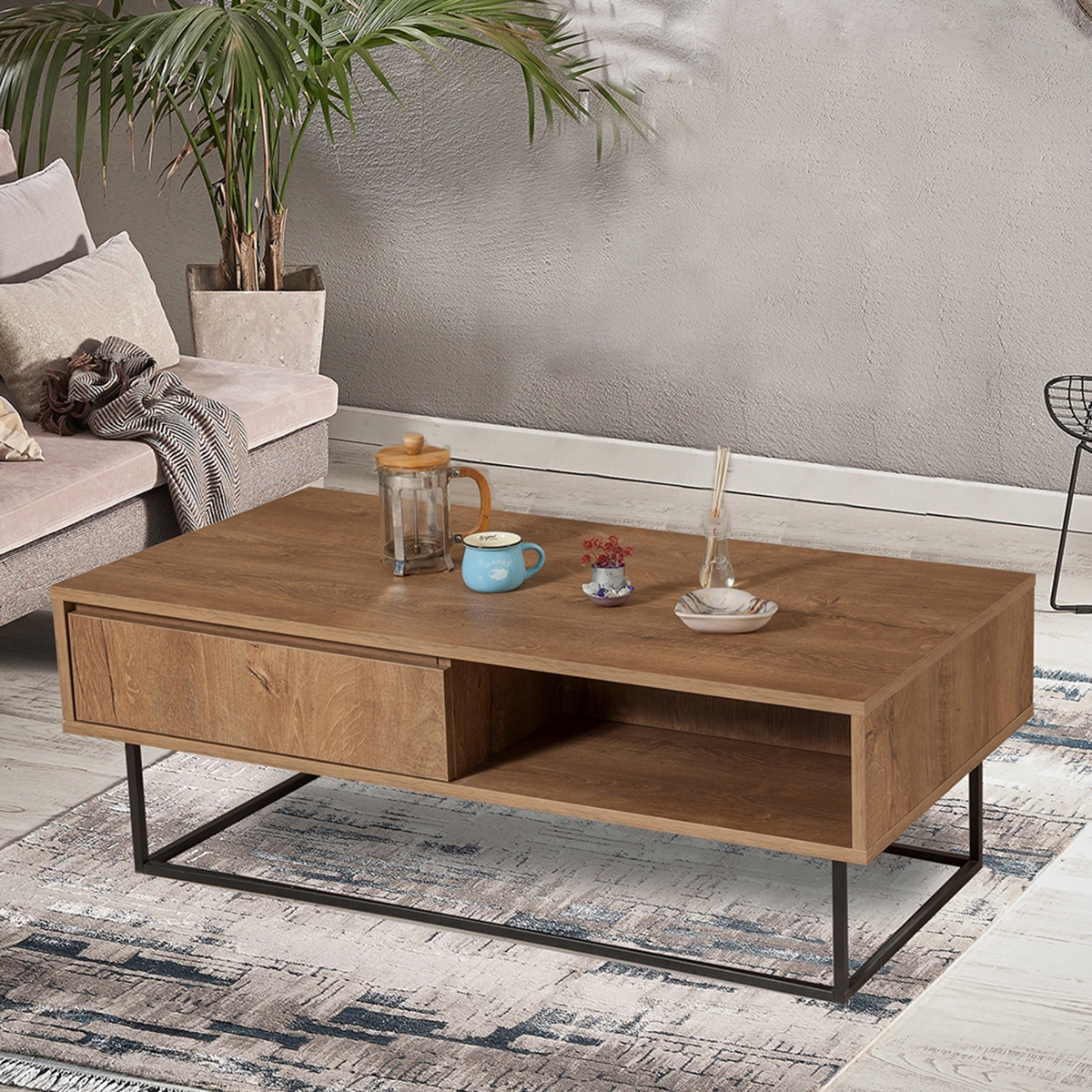 Mesa de centro moderna con espacio abierto y cajón en madera Dale Promoción Mesa de centro moderna con espacio abierto y cajón en madera Dale Promoción