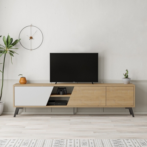 Mueble TV moderno para sala de estar 180 cm con 3 puertas blanco y madera Fiona Promoción