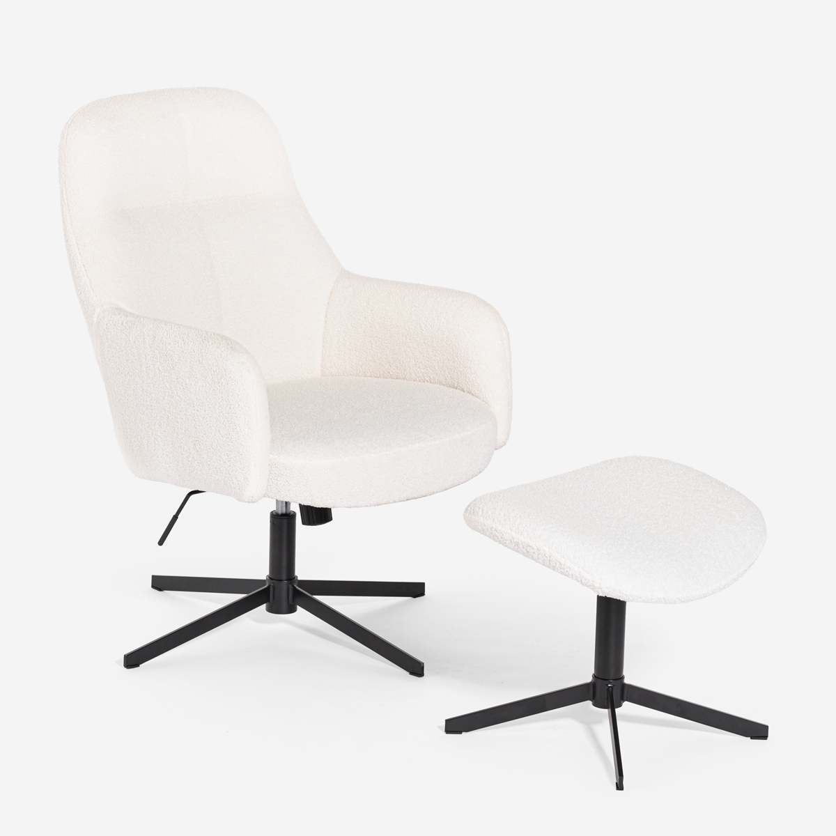Sillón con reposapiés de tela bouclé color blanco para salón y oficina Shiro
