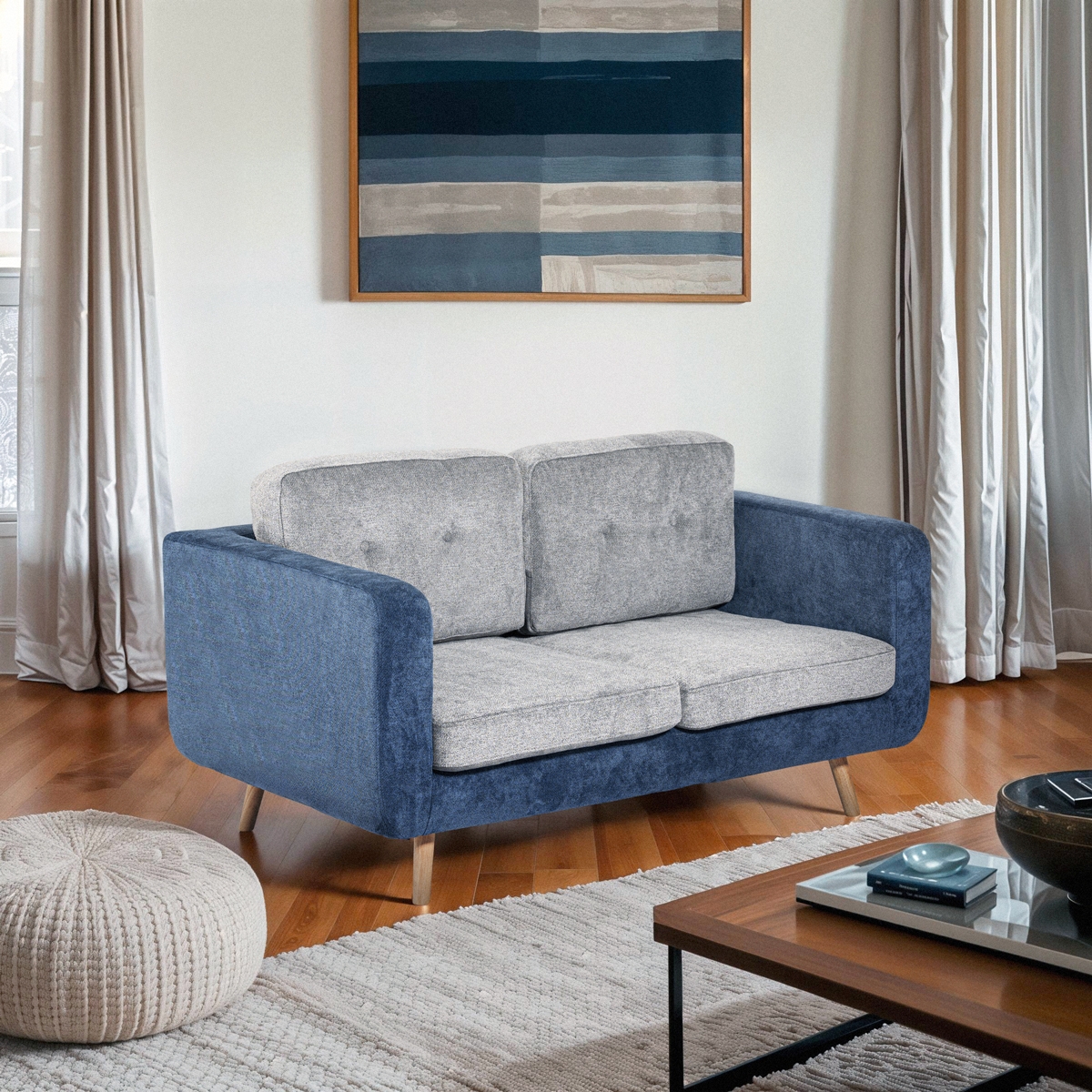 Sofá de 2 plazas de tela bicolor gris y azul con cojines reversibles Biko