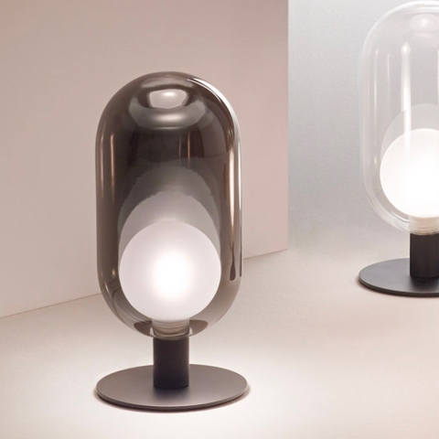 Lámpara de mesa LED de vidrio ahumado y metal negro estilo vintage Gubbio Promoción