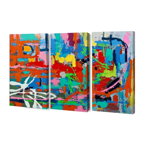Conjunto de tres cuadros abstractos modernos 165x100cm, 3 pinturas multicolor sobre lienzo Viva Promoción