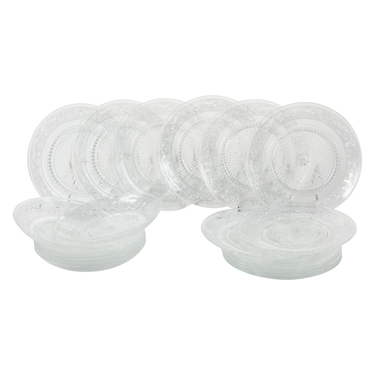 Juego de platos 18 piezas de vidrio transparente con decoración para 6 personas Imperial Promoción Juego de platos 18 piezas de vidrio transparente con decoración para 6 personas Imperial Promoción