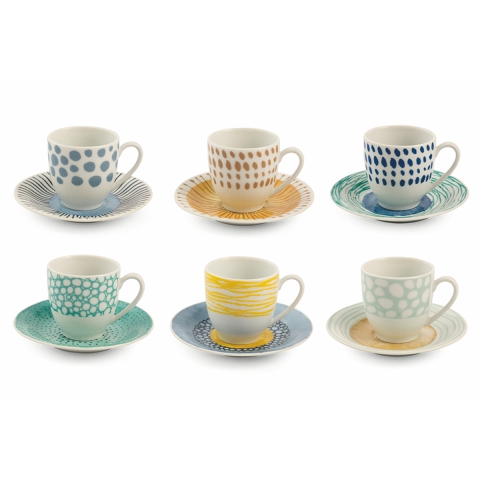 Juego de 6 tazas de café de porcelana con plato 90ml Marea C Promoción
