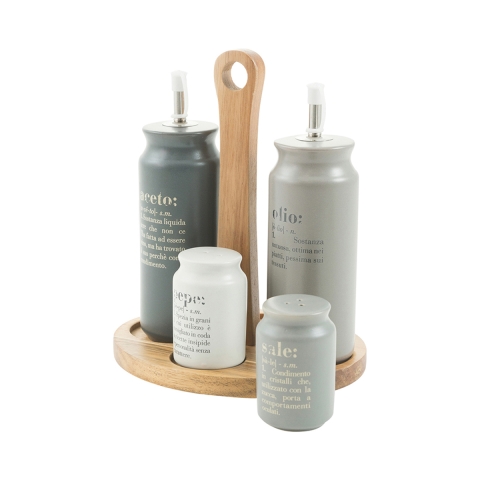 Set de condimentos de madera 5 piezas con aceitera de gres Victionary B Promoción