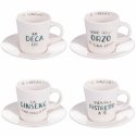 Juego de 4 tazas de café de porcelana con platillo 90 ml con inscripciones Le Travisate Promoción