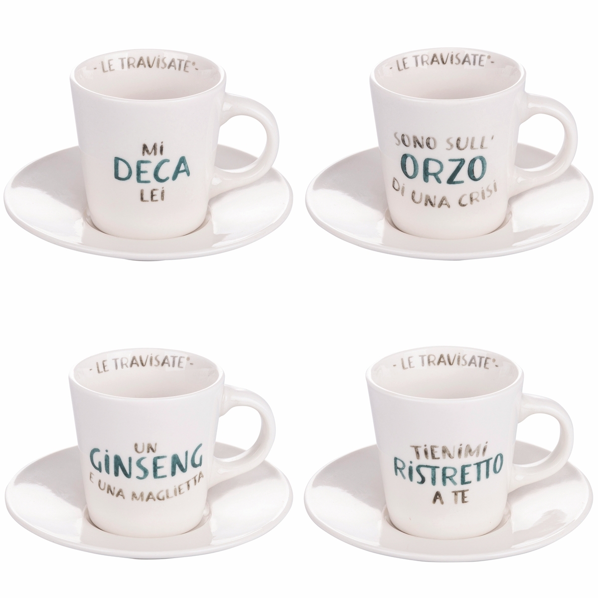Juego de 4 tazas de café de porcelana con platillo 90 ml con inscripciones Le Travisate Promoción