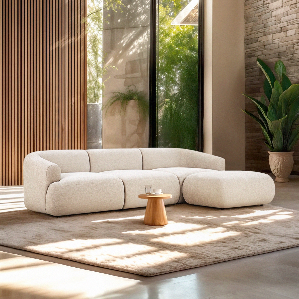 Sofá modular de 3 plazas curvo con puf de tela Yuna-3P Promoción Sofá modular de 3 plazas curvo con puf de tela Yuna-3P Promoción
