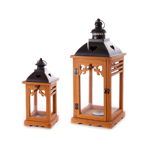 Set de 2 faroles decorativos de madera para interiores con portavelas Brenta Promoción