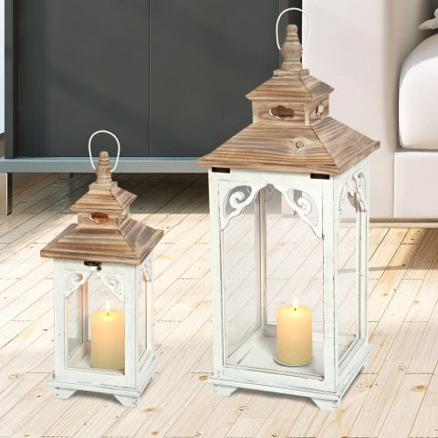 Set de 2 faroles de madera blanca estilo shabby chic con portavelas Copenaghen Promoción