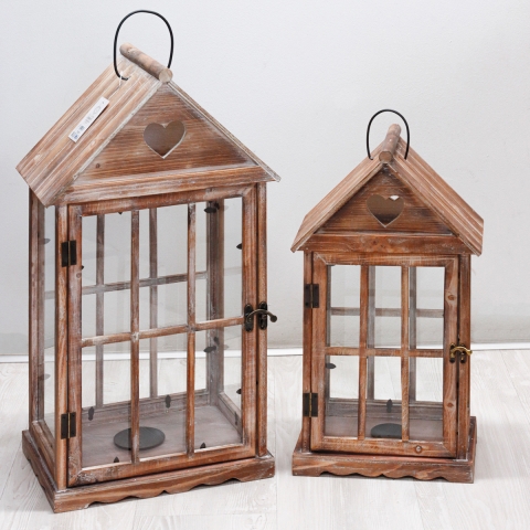 Juego de 2 faroles decorativos de madera con portavelas shabby chic Ferrante Promoción