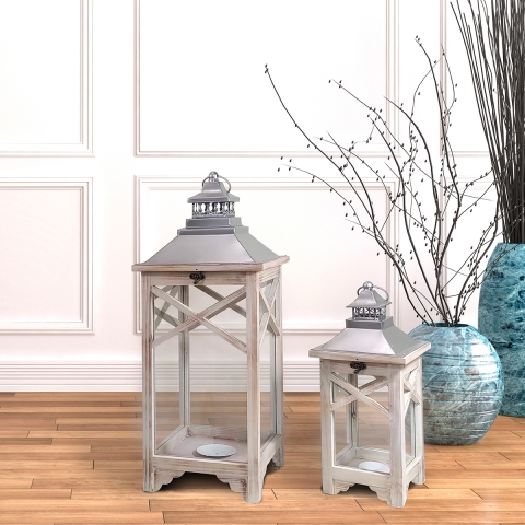 Juego de 2 farolillos shabby chic con portavelas de madera gris Kediri Promoción