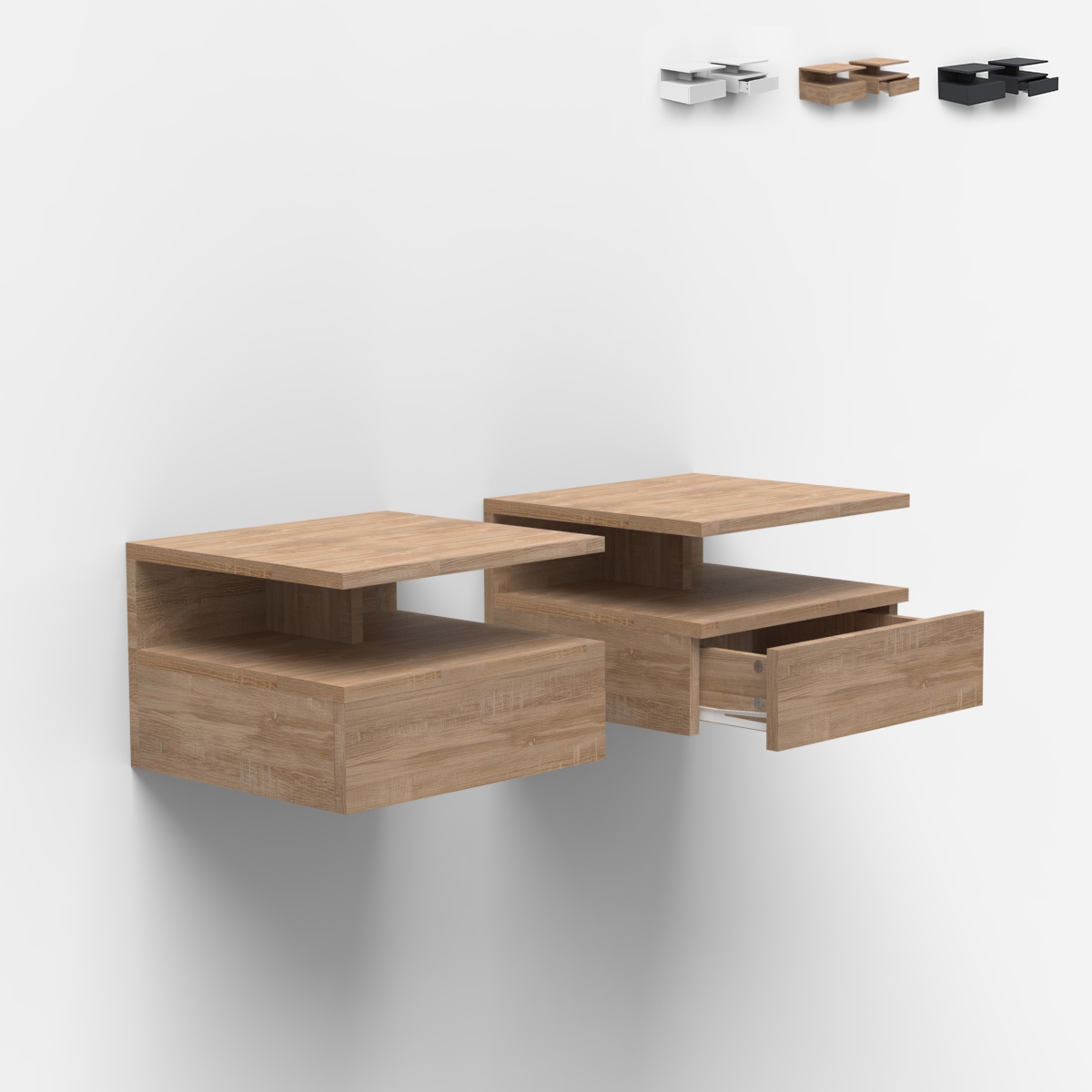 Juego de 2 mesitas de noche flotantes con cajón para dormitorio Alabastro Promoción Juego de 2 mesitas de noche flotantes con cajón para dormitorio Alabastro Promoción