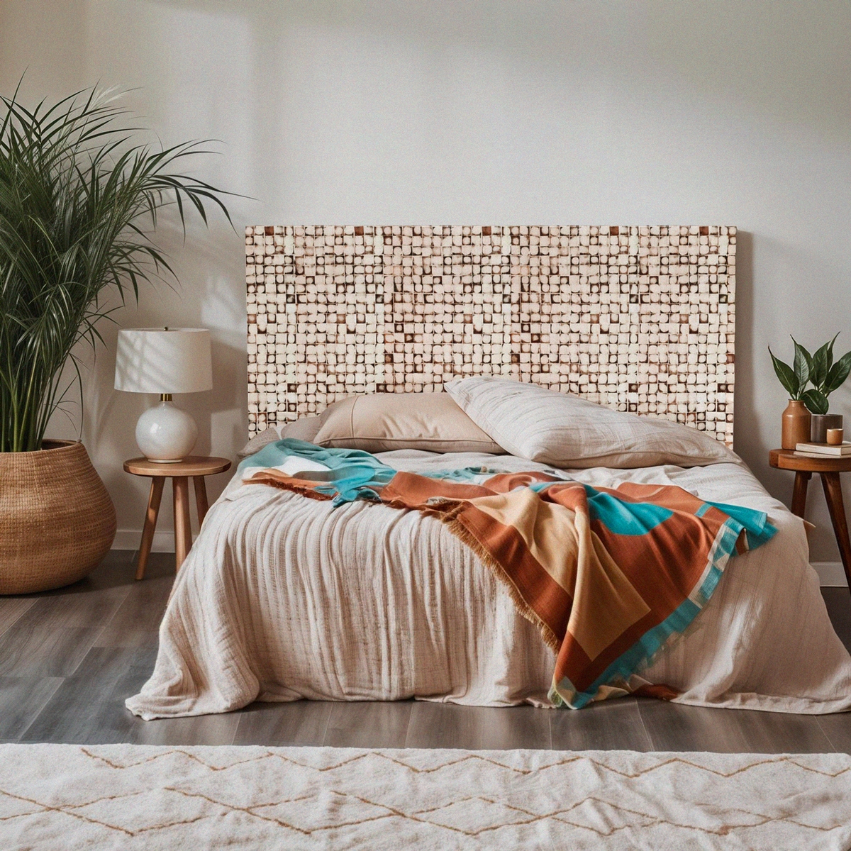 Cabecero tallado con incrustaciones de madera 174x135 cm para cama de matrimonio Juno