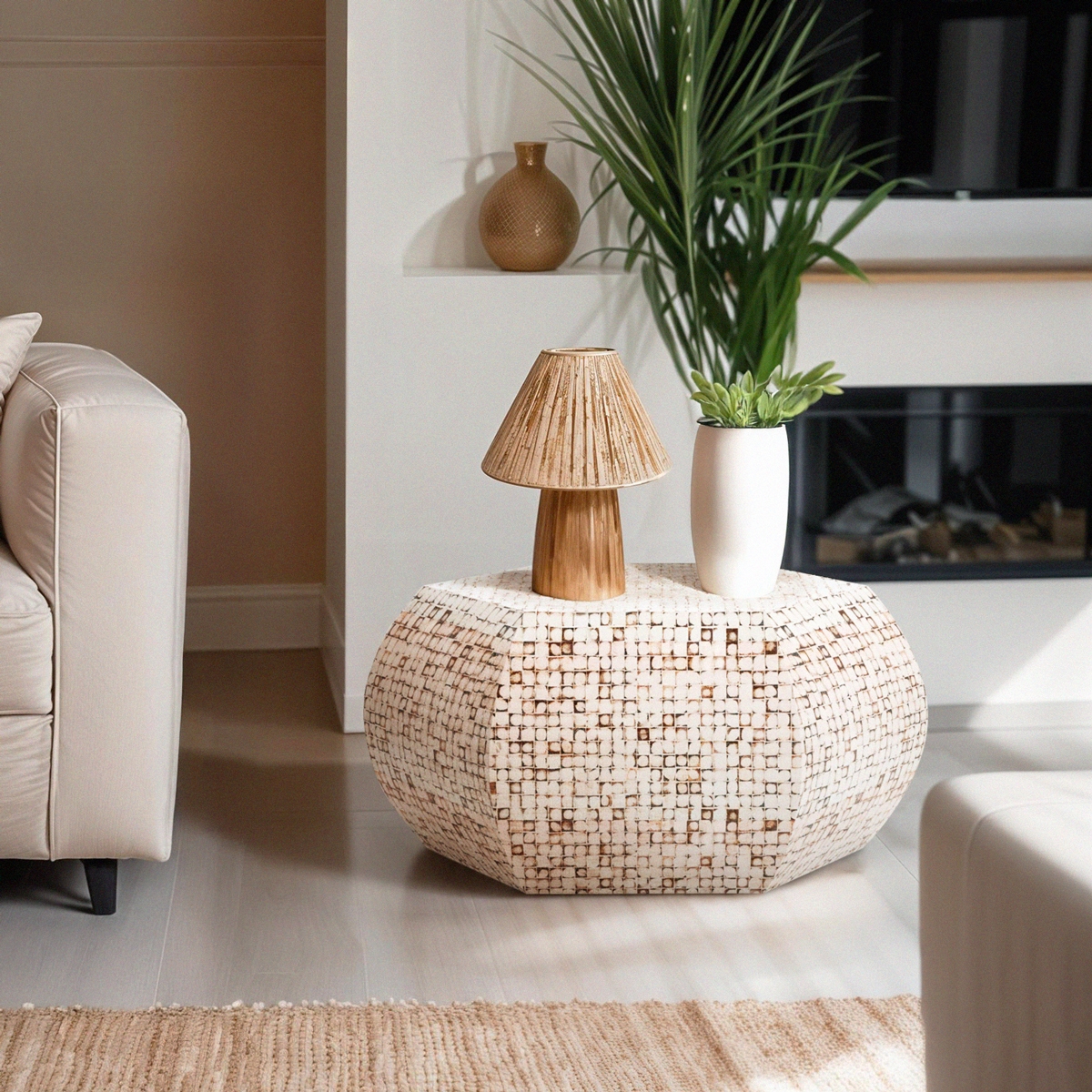 Mesita auxiliar de madera con incrustaciones para salón estilo moderno blanco Zena Promoción Mesita auxiliar de madera con incrustaciones para salón estilo moderno blanco Zena Promoción