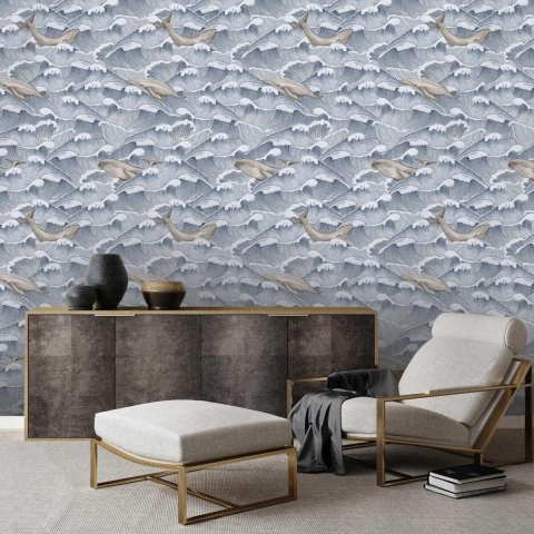 Papel pintado diseño marino para salón y dormitorio Olas y Ballenas Promoción