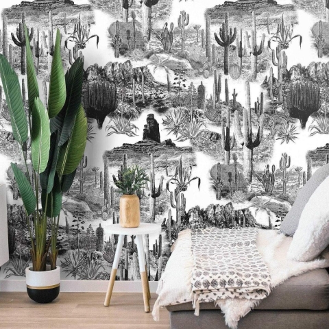 Papel tapiz autoadhesivo moderno blanco y negro para sala de estar Cactus Promoción