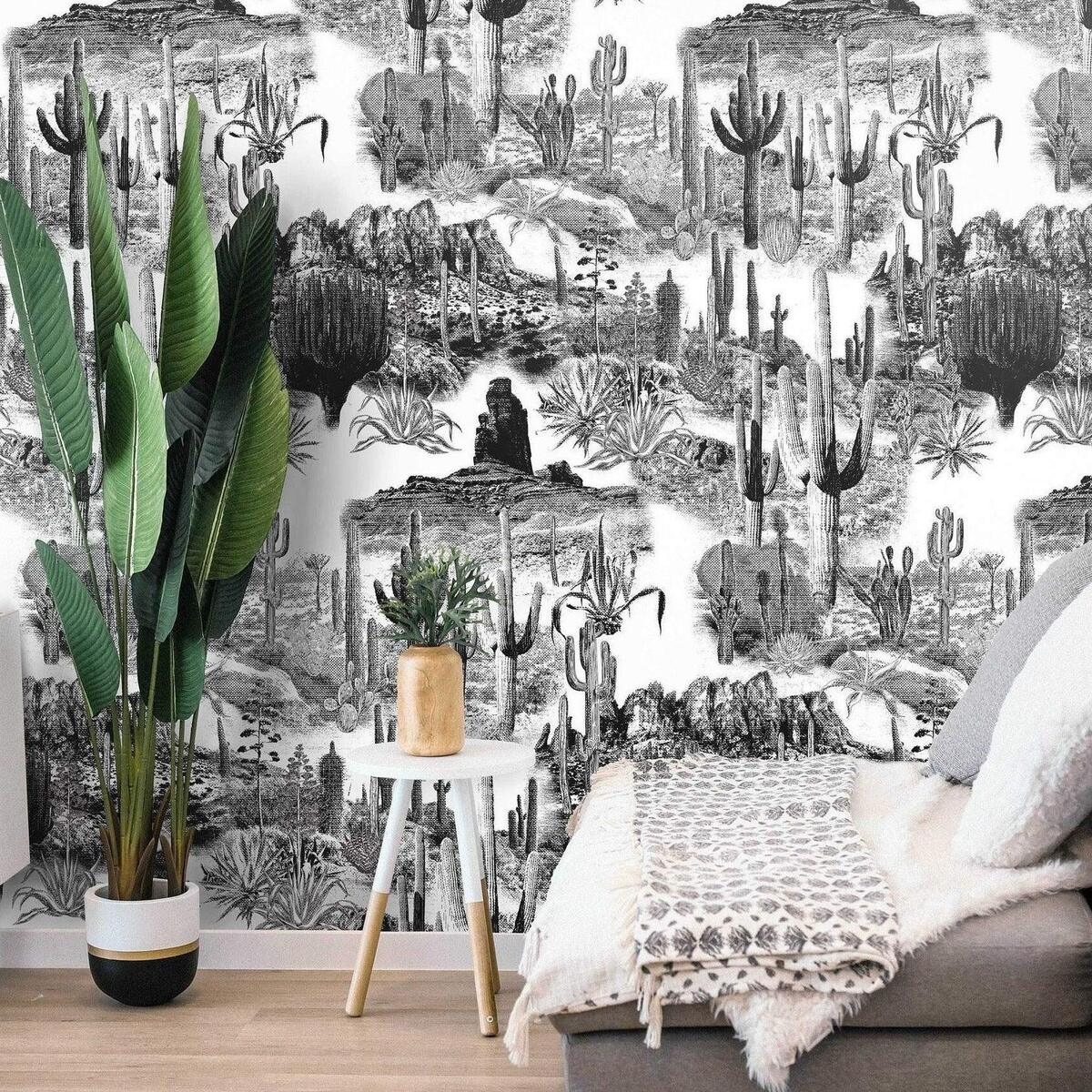 Papel tapiz autoadhesivo moderno blanco y negro para sala de estar Cactus Promoción