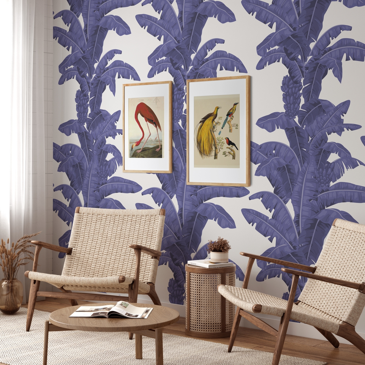 Papel tapiz floral para dormitorio y sala de estar Palmeras Blancas y Azules Promoción