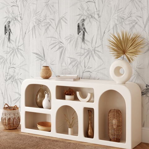 Papel pintado para salón cocina bosque japonés gris Japandi Promoción