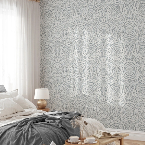 Papel pintado damasco blanco y azul para salón dormitorio Chic Promoción