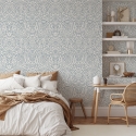 Papel pintado damasco blanco y azul para salón dormitorio Chic Venta