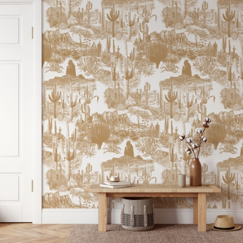 Papel pintado adhesivo floral beige para sala de estar Cactus nel Deserto Promoción