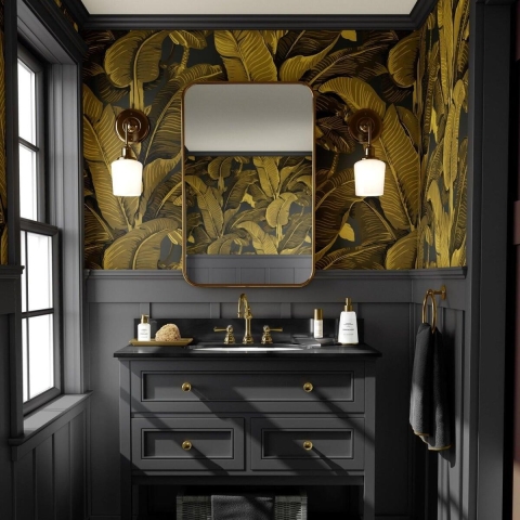 Papel pintado floral dorado para baño y dormitorio Hojas de Banano Promoción