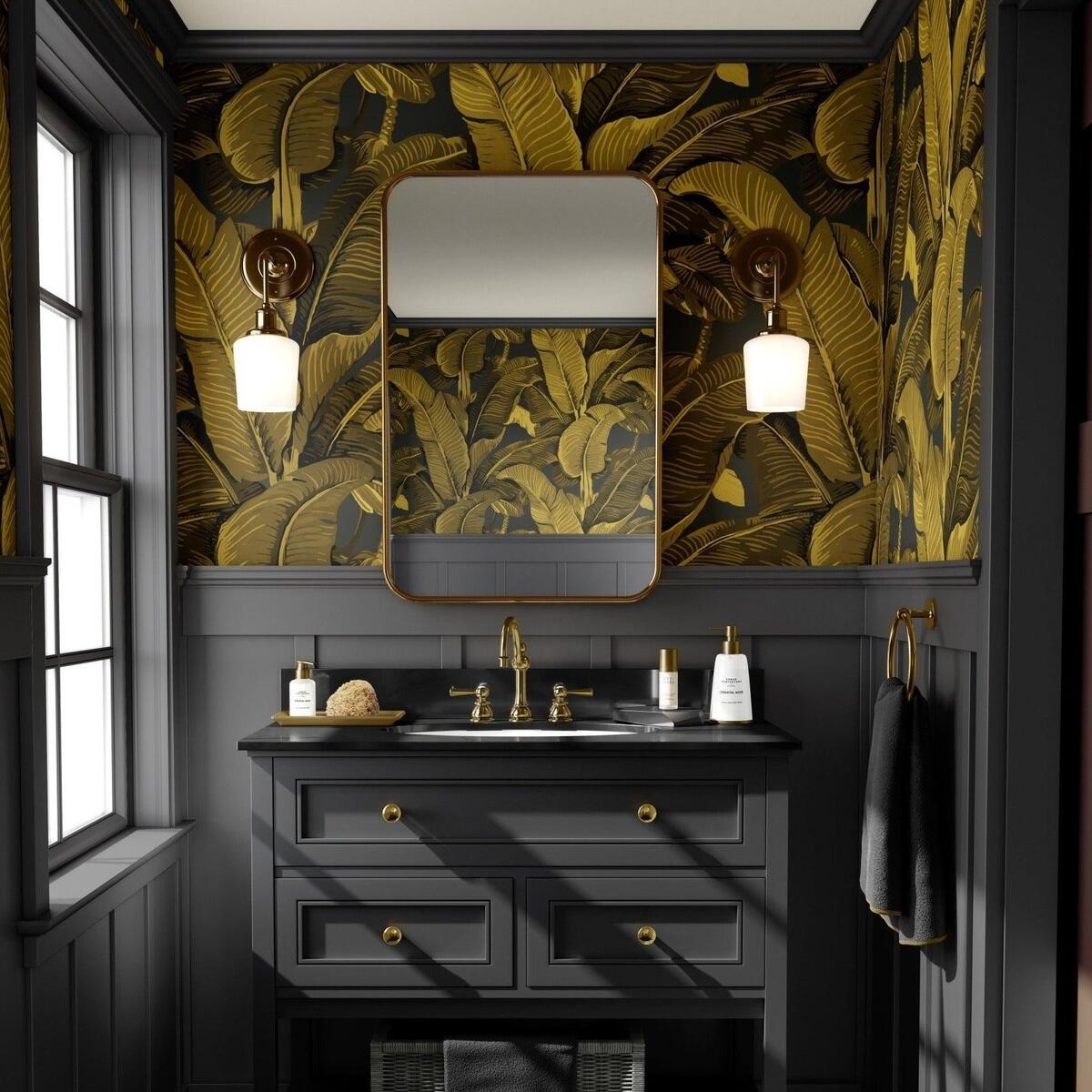 Papel pintado floral dorado para baño y dormitorio Hojas de Banano Promoción