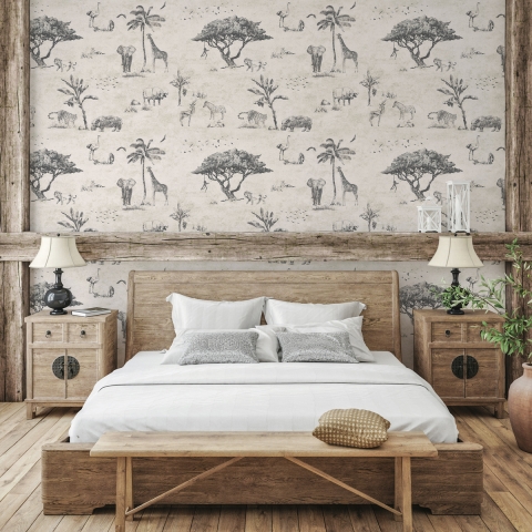 Papel pintado vintage animales jungla beige para cabecero de cama Safari Promoción