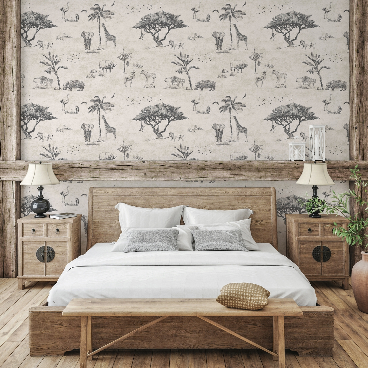 Papel pintado vintage animales jungla beige para cabecero de cama Safari Promoción Papel pintado vintage animales jungla beige para cabecero de cama Safari Promoción