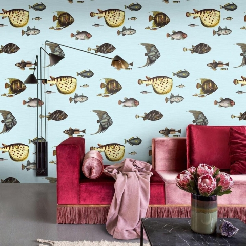 Papel pintado mar azul para sala de estar pasillo Peces Tropicales Promoción