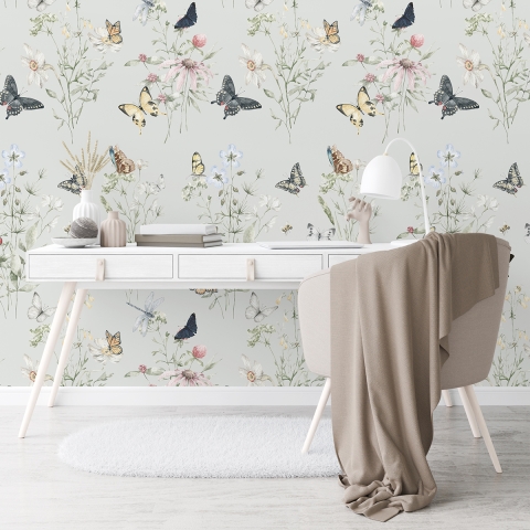 Papel pintado naturaleza floral para habitación infantil y sala de estar Mariposas Promoción