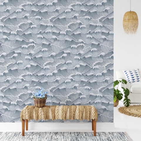 Papel tapiz adhesivo vintage artístico con ondas blancas y azul marino Promoción