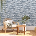 Papel tapiz adhesivo vintage artístico con ondas blancas y azul marino Venta