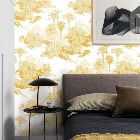 Papel pintado floral vintage artístico blanco y amarillo Toile de Jouy Promoción
