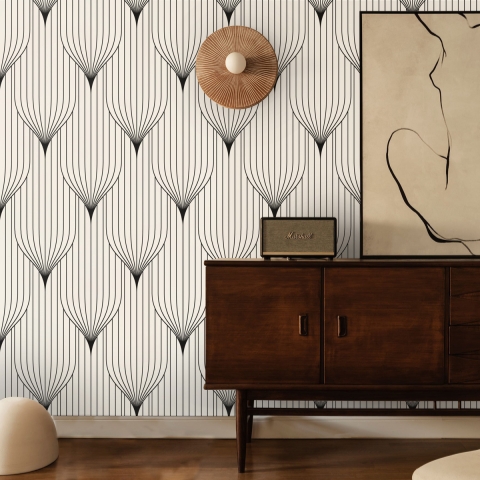 Papel pintado geométrico diseño vintage blanco y negro Art Déco Promoción