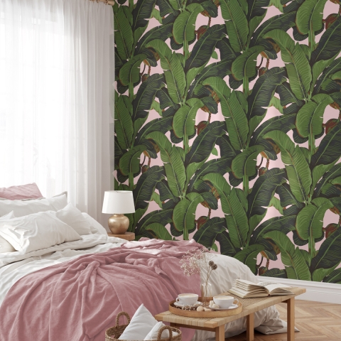 Papel tapiz floral jungla para sala de estar Hojas de Banano Rosa Promoción