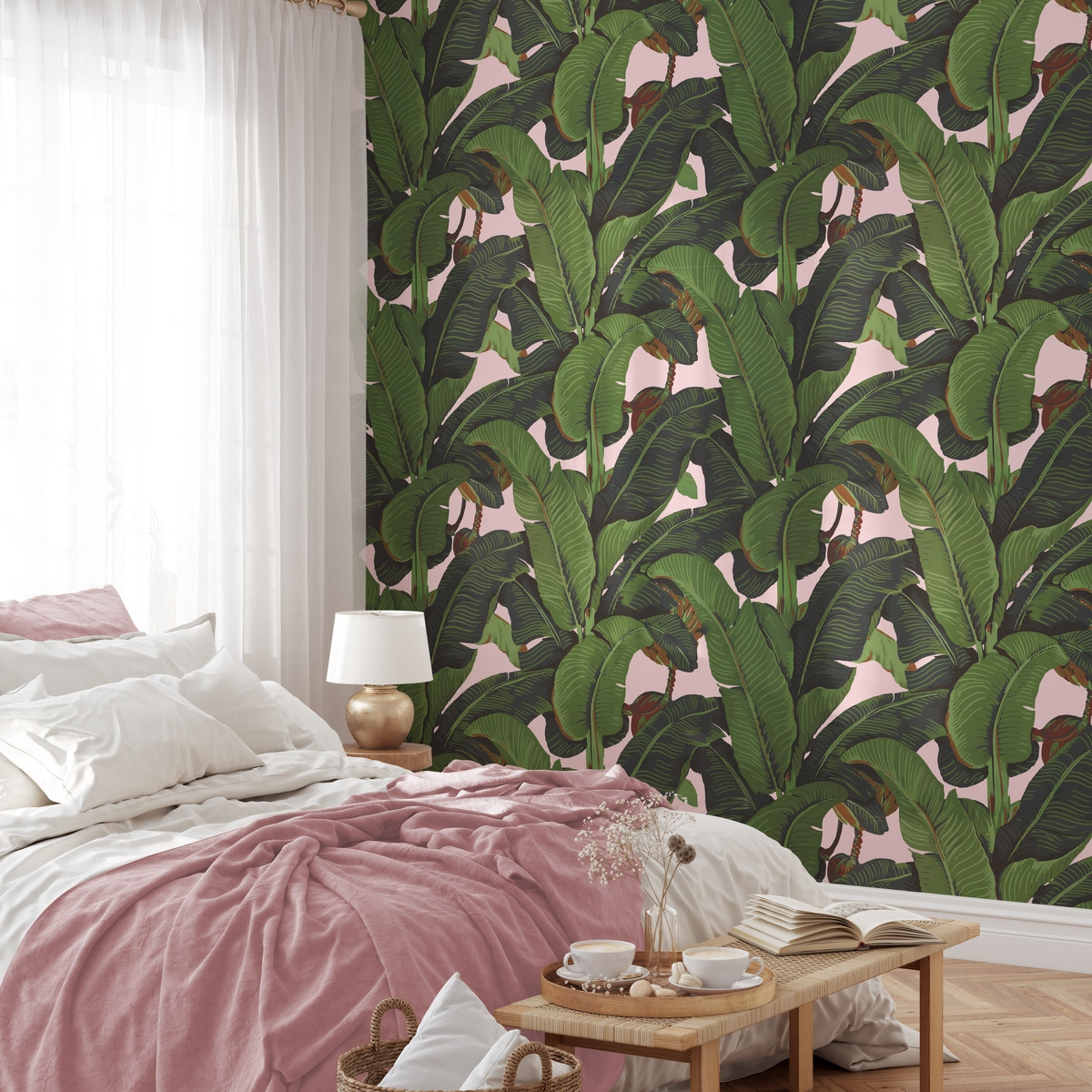 Papel tapiz floral jungla para sala de estar Hojas de Banano Rosa Promoción
