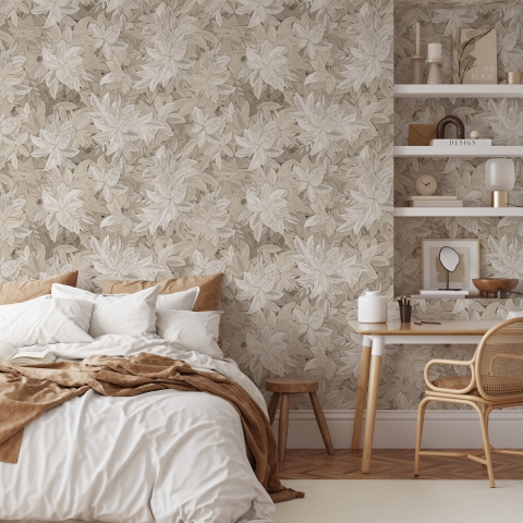 Papel pintado beige elegante floral para dormitorio Foglie Edera Promoción