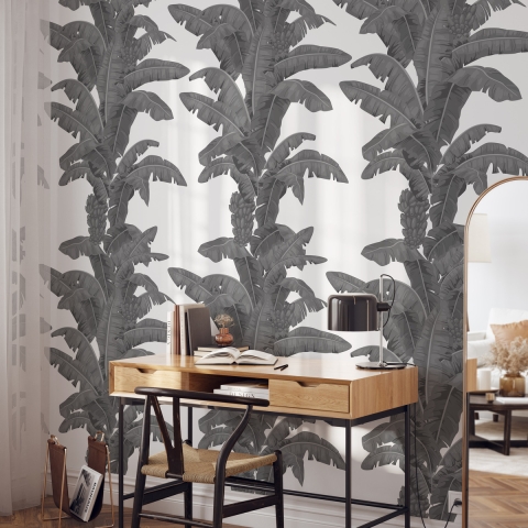 Papel pintado urban jungle plantas blanco y gris Palmas Exóticas Promoción