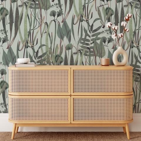 Papel pintado salón con plantas y hojas jungla Botánica Verde Promoción