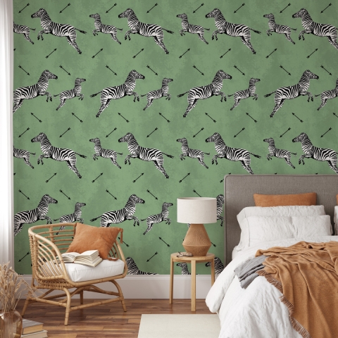 Papel tapiz adhesivo verde para dormitorio con diseño de cebras Promoción