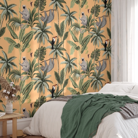 Papel tapiz jungla naranja con hojas y animales Jungla Tropicale Promoción