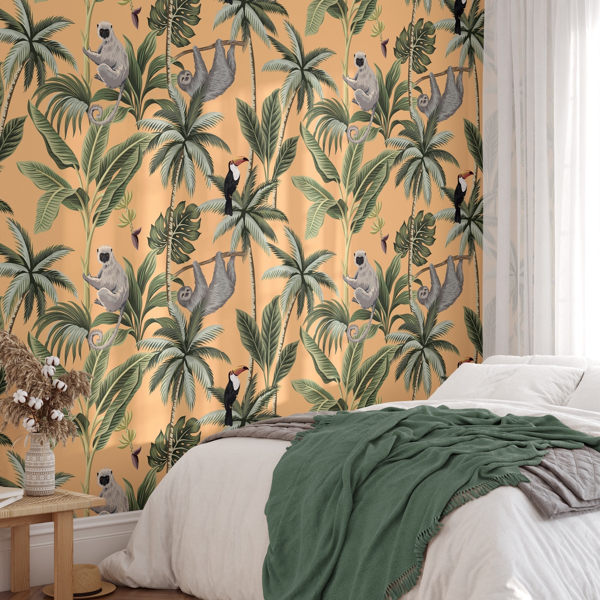 Papel tapiz jungla naranja con hojas y animales Jungla Tropicale Promoción